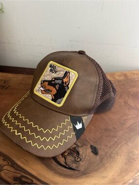 Goorin Bros. "Bad Boy" Brown Leather trucker Meshback cap Rottweiler dog